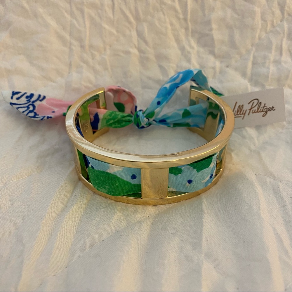 NEW Lilly Pulitzer Lydia The Lion Silk Cuff Bracelet Gold Tone Adjustable Floral